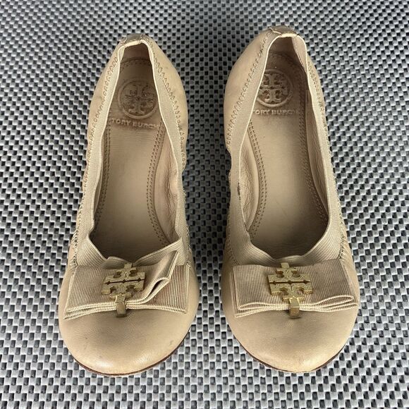 Tory Burch Sedgwick Ballet Flats Womens Size 7.5 M Tan Leather Bow Logo Scrunch - Picture 1 of 14